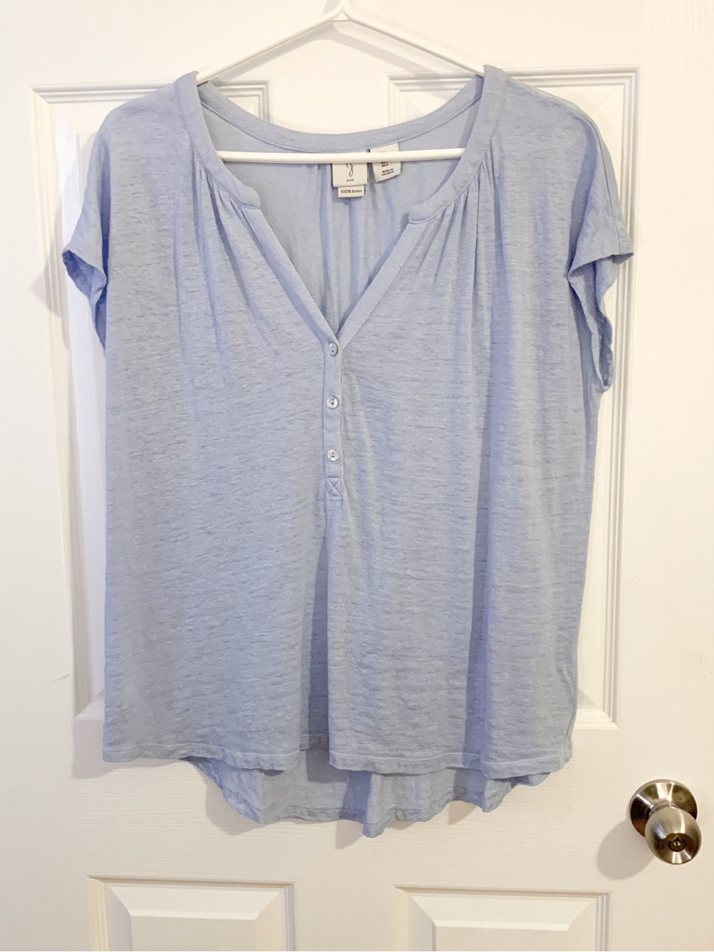 Joie Light Blue Short-Sleeve linen V-Neck Henley Top - size L